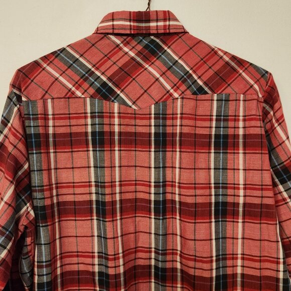 Border Town Pearl Snap Shirt Western Mens Medium Red Black Plaid Vintage - Picture 8 of 15